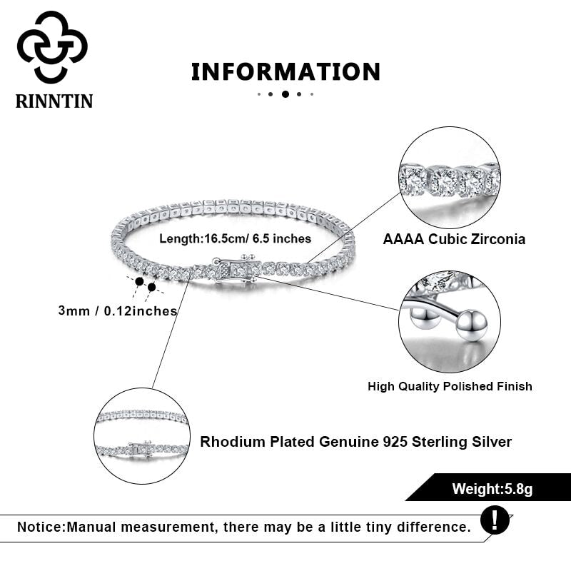 Rinntin SB94 Tennis Bracelet - 100% Real 925 Sterling Silver with AAAA Austrian Cubic Zirconia - Fine Jewelry for Women