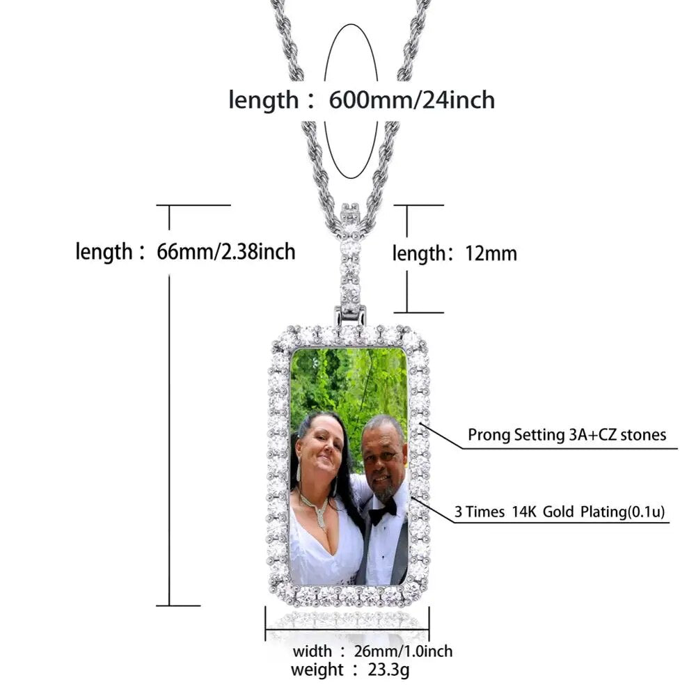 Custom Made Photo Squar Medallions Solid Back Pendant & Necklace With Tennis Chain Cubic Zircon Men's Hip Hop Jewelry