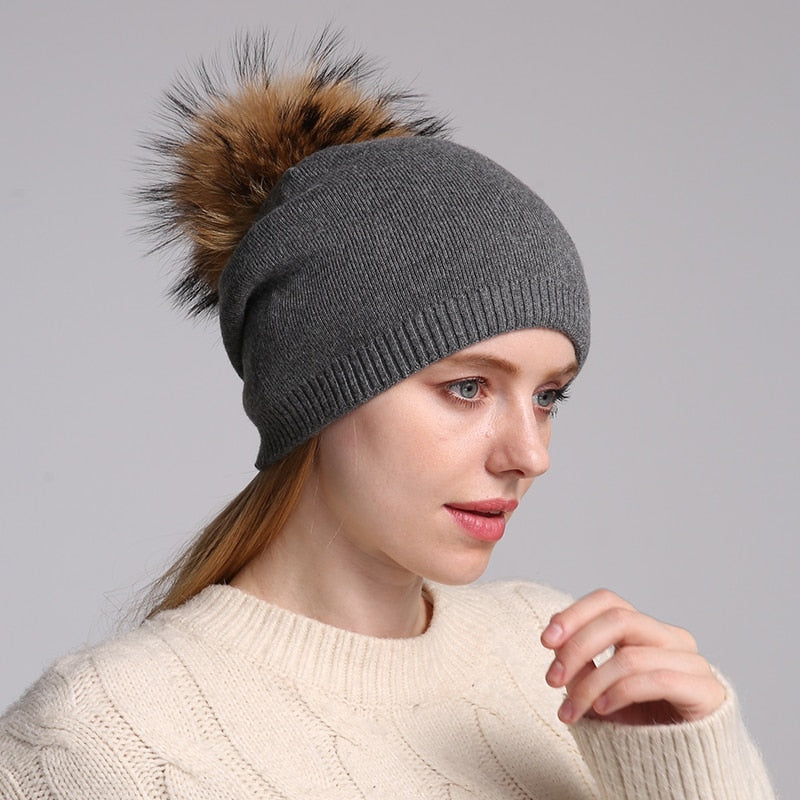 Autumn Winter Pompom Beanie Hat Women Wool Knitted Skullies Beanies Casual Female Cashmere Cap Real Raccoon Fur Pompom Hat