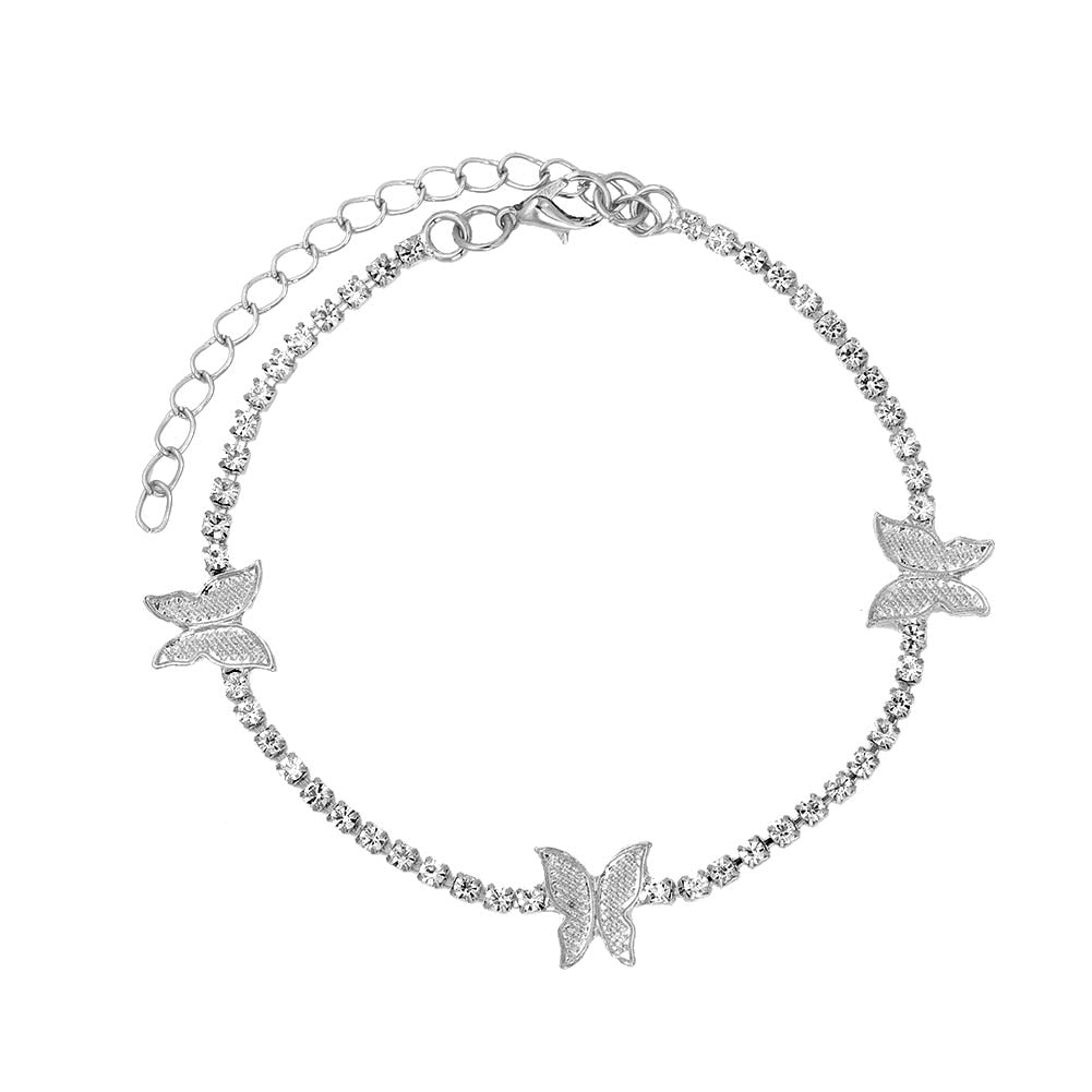 Trendy Shining Cute Butterfly Crystal Tennis Anklet for Women Gold Silver Color Boho Sandals Rhinestone Foot Ankle Chain Jewelry