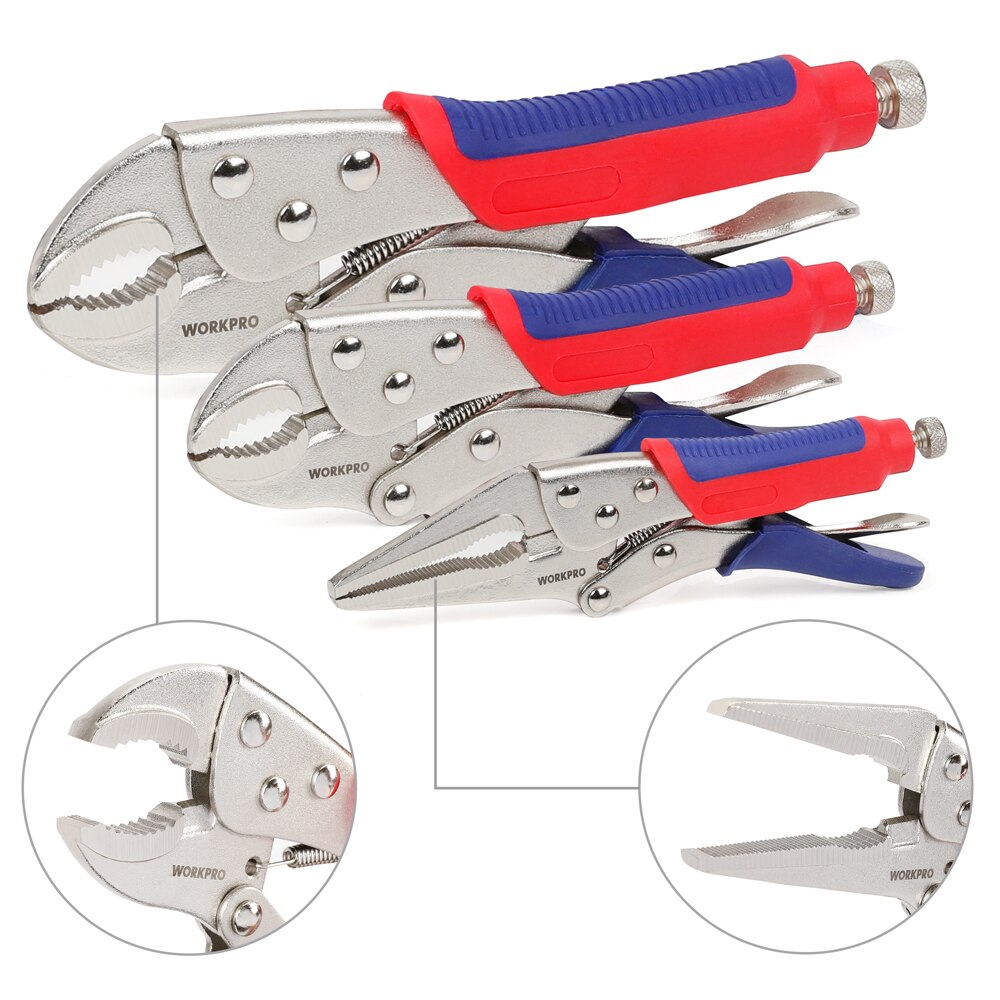 WORKPRO 3PC Locking Pliers Welding Tools Pliers Set 7" 10" Curved Jaw Pliers 6-1/2" Straight Jaw Pliers