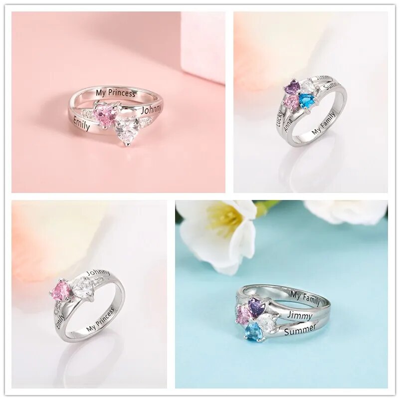 925 Sterling Silver Personalize Mothers Day Ring with 2-8 Birthstone Custom Kids Name Engagement Promise Rings for Women Grandma