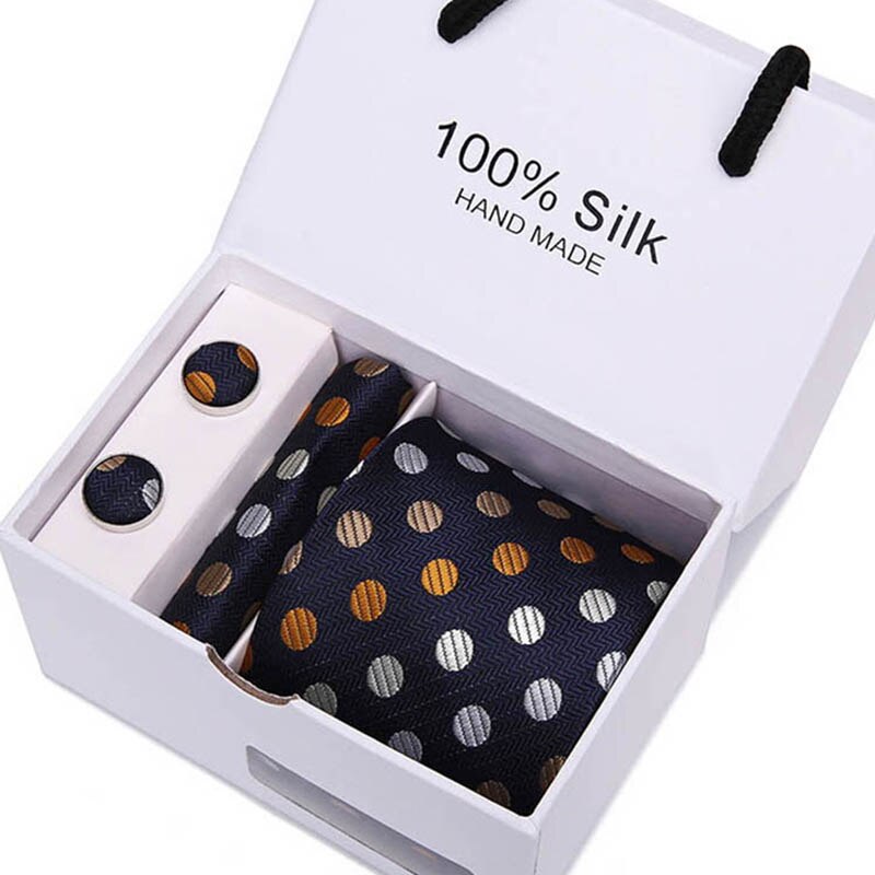 Gift box Packing  Brand Luxury Necktie Pocket Square Wedding Mens Neck TIes Silk Tie Set  Cufflinks Handkerchief