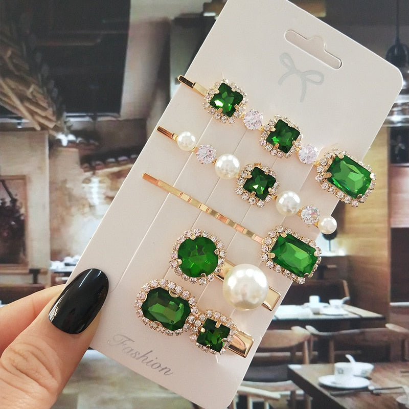 Women Hair Clips Set Jewelry Fashion Green Crystal Hair Accessories Luxury Simulation Pearl Barrette Pin For Girl Gift Ornaments