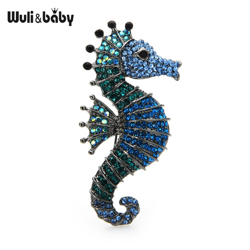 Wuli&amp;baby Sparkling Rhinestone Seahorse Brooches 3-color Sea Animal Office Casual Brooch Pins Gifts