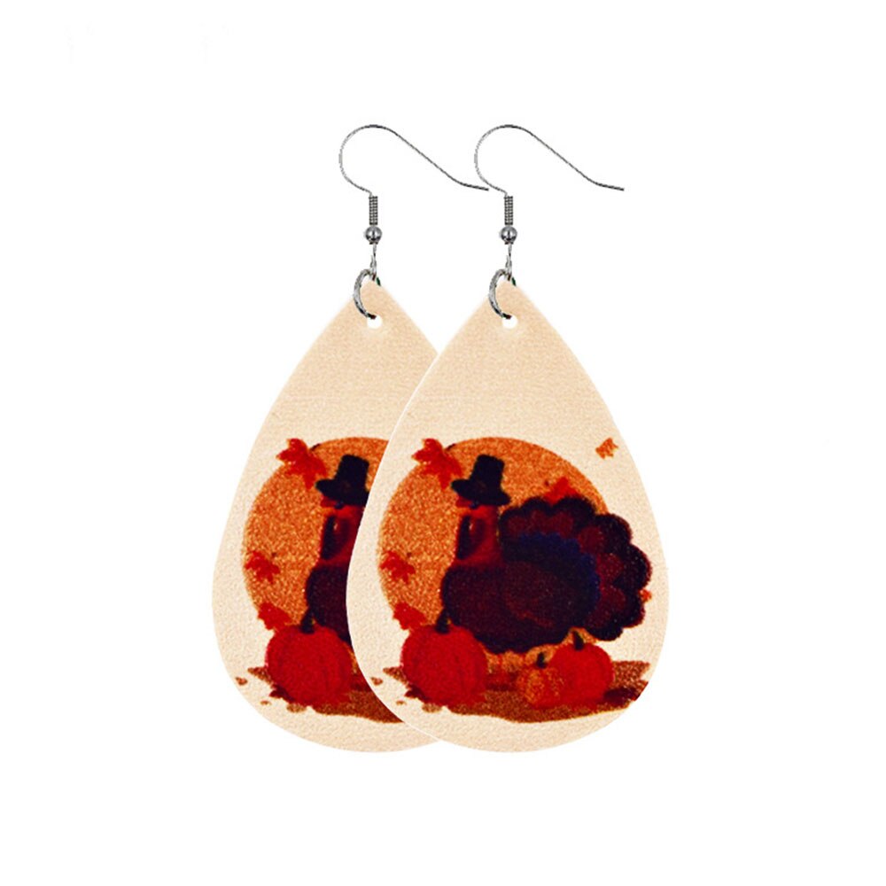 Pumpkin Maple Thanksgiving Leather Earrings Women Vintage Unique Floral Checked Print Leather Teardrop Dangle Earrings Gifts