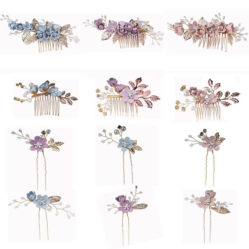 Bridal Wedding Hair Accessories Fashion Pearl Crystal Cloth Flower Hair Combs Headdress Gold Leaves Hair Jewelry Hair Pins