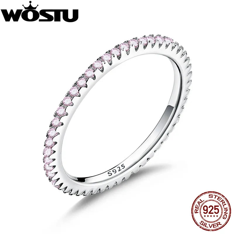 WOSTU Real 925 Sterling Silver Glitter Pink CZ Stackable Circle Finger Rings For Women Engagement Silver Jewelry CQR066