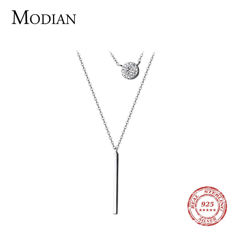 Modian Sterling Silver 925 Shining Zircon Disc Geometric Stick Pendant Necklace for Women Double Layer Necklaace Fine Jewelry