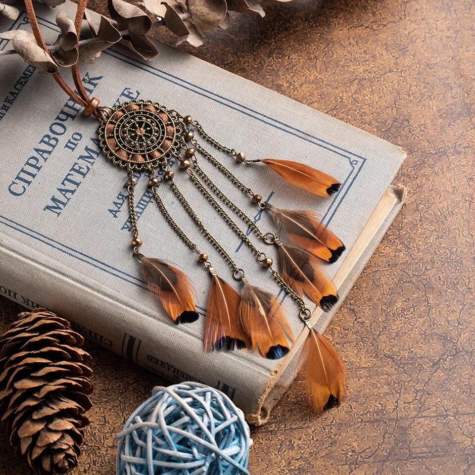 Long Leather Feather Chain Pendant Vintage Sweater Chain Necklace Choker for Women Boho in Jewelry Clothing Accessories Gifts