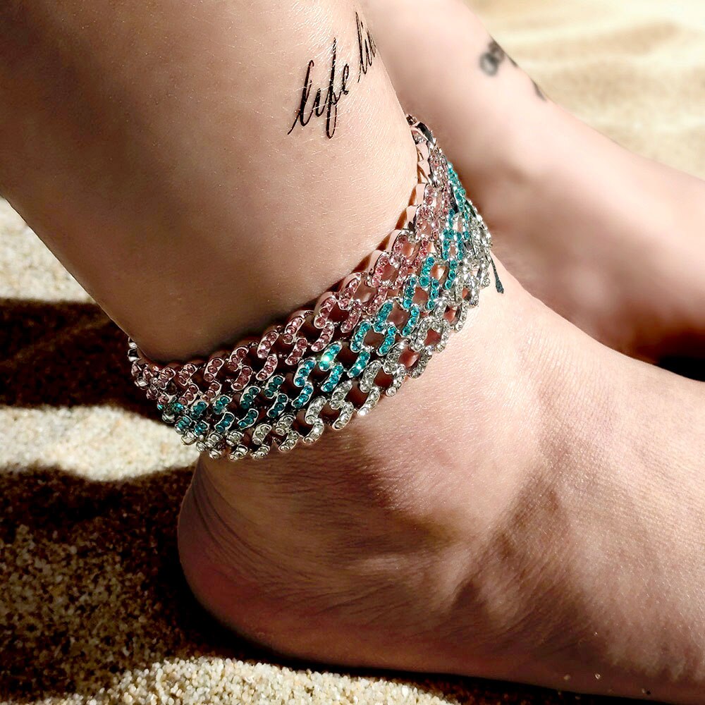 Caraquet Bling Rhinestone Cuban Metal Anklet for Women Hip Hop Rock Personality Crystal Foot Bracelet Luxury Anklets Jewelry