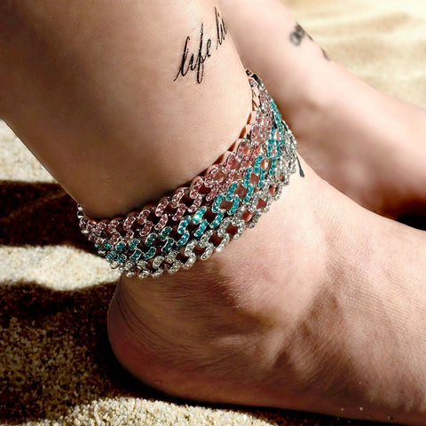 Caraquet Bling Rhinestone Cuban Metal Anklet for Women Hip Hop Rock Personality Crystal Foot Bracelet Luxury Anklets Jewelry