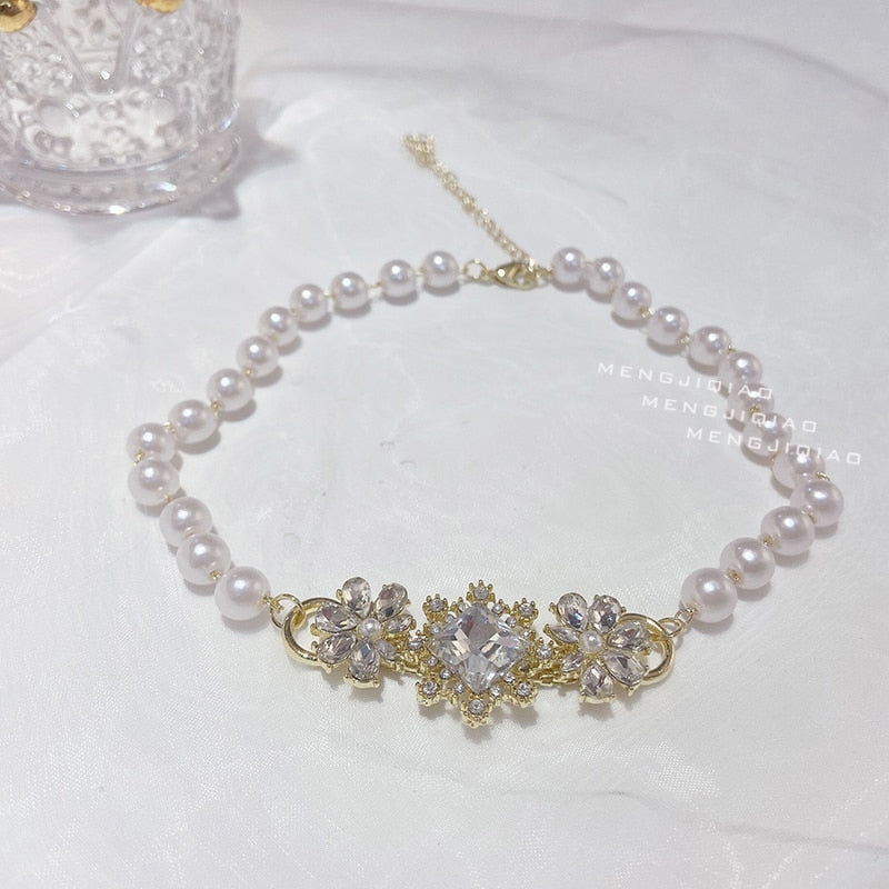 MENGJIQIAO Korean Elegant Luxury Pearl Beads Choker Necklace For Women Girls Fashion Flower Crystal Short Necklace Party Jewelry