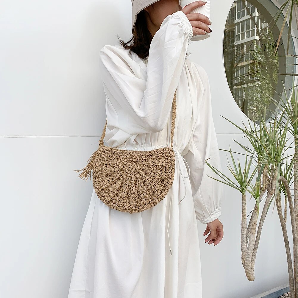 Women Fashion Straw Rope Handmade Woven Shoulder Messenger Bags 2021 Casual Solid Ladies Summer Vacation Beach Crossbody Bags