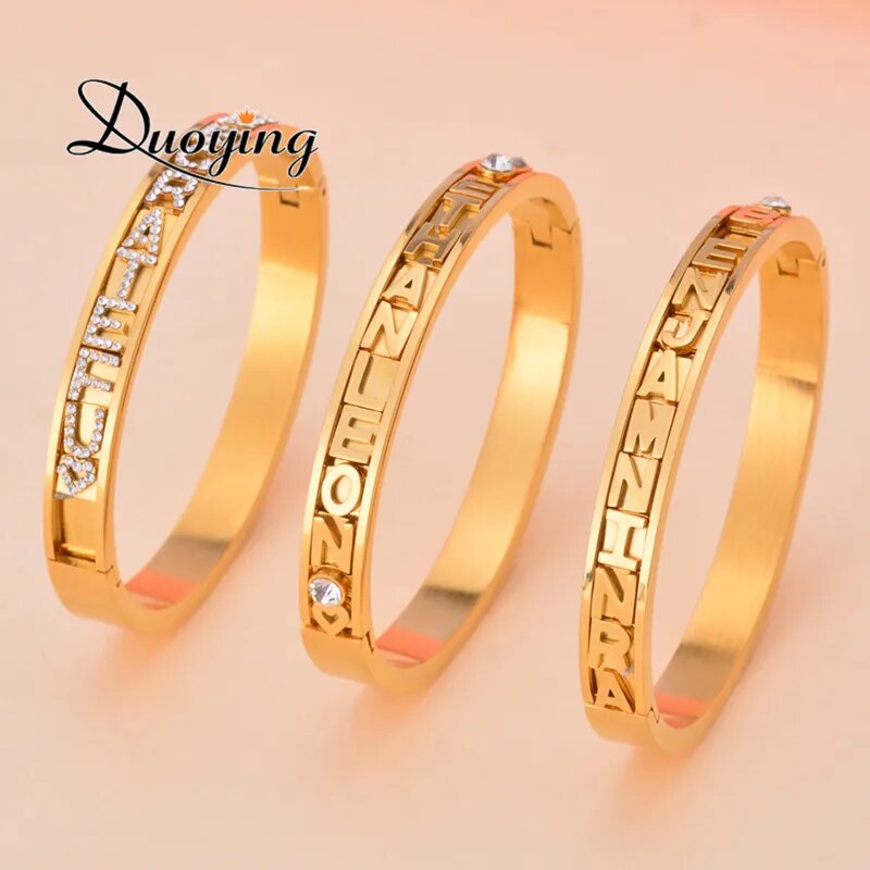 Duoying 316L Stainless DIY Slider Charms Bangles Custom Name Bracelets Bangle Zirconia Letters Bangles Personalized Bangles