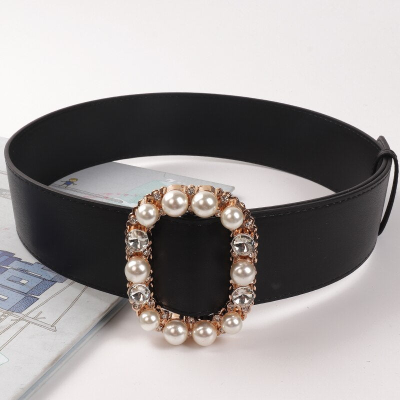 Luxury Crystal Pearl Gold Buckle Belts for Women HOT Wide Solid PU Leather Belt Black Dress Waistbands Lady Gifts No Pin Belt