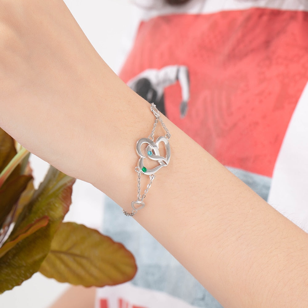 Personalized Intertwined Heart Bracelet with Birthstone Women Engraved Name Bracelets Custom Gift for Lovers(JewelOra BA102562)