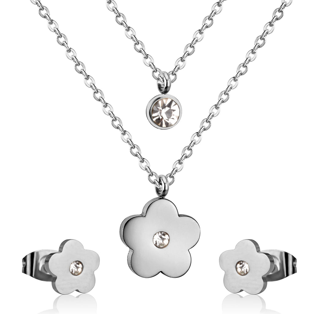 Stainless Steel Crystal Jewelry Set for Women and Girls: Luxury Double Round Pendant Necklace and Earrings.