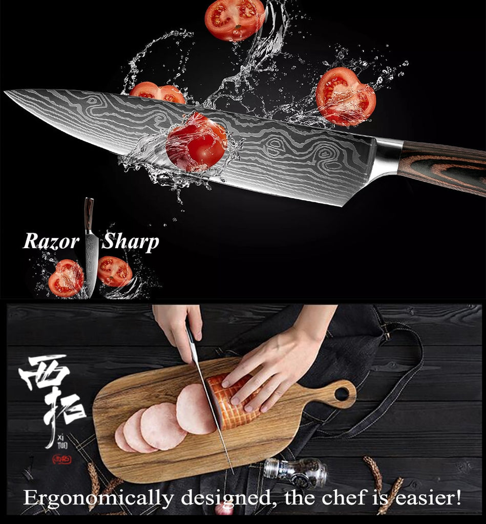 XITUO  8&quot;5&quot;3.5&quot; Japanese chef knife set 3 pcs Damascus steel Pattern kitchen knives sets Cleaver Paring Santoku Slicing utility