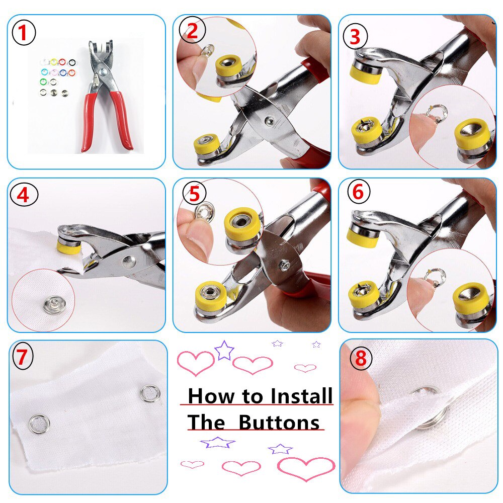 1pc Plier+1set Eyelets Tool+100sets 10 Colors 9.5mm Prong Snap Buttons Fasteners Press Studs Poppers Buckle+200pcs 5mm Eyelets