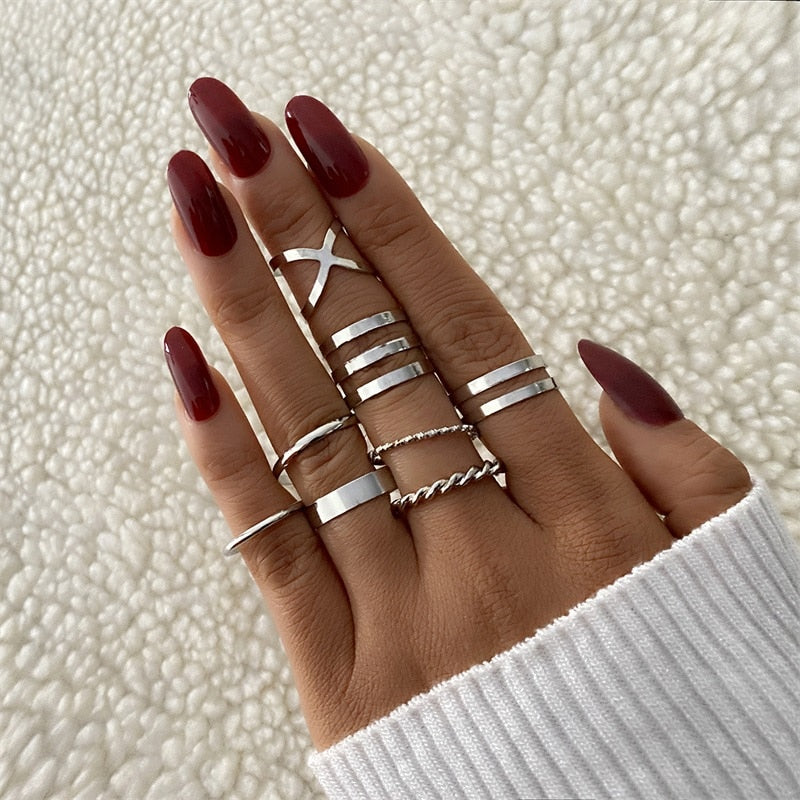 Women Twist Pearl Pearl Rings Set Fashion Geometric Hollow Crystal Ring For Women Heart Joint Rings Boho Jewelr Accessories