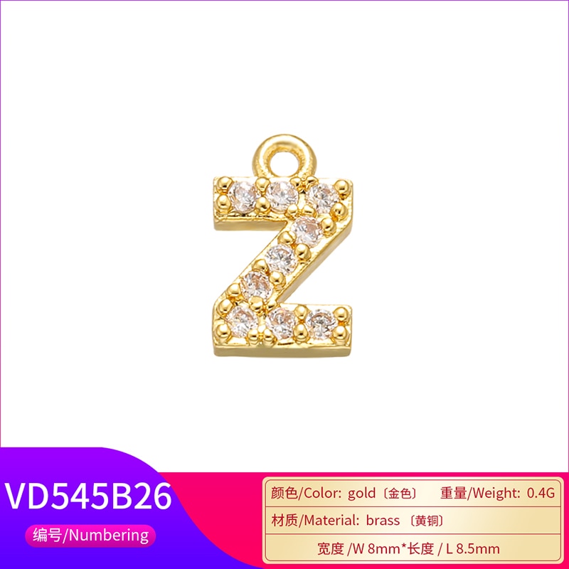 ZHUKOU 8x8.5mm Brass Cubic Zirconia Crystal 26 Letter Charms Pendants for Women Necklace earring jewelry accessories model:VD545