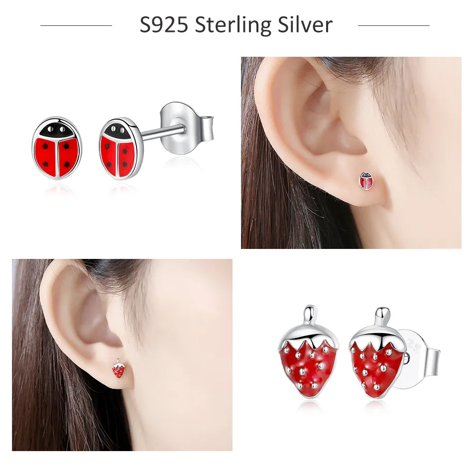 ELESHE Fashion 925 Sterling Silver Earrings Children Jewelry Red Enamel Animal Ladybug Small Stud Earrings For Kids Girls Baby
