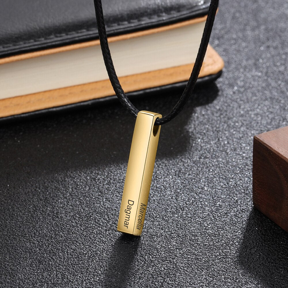 JewelOra Personalized Stainless Steel Vertical Bar Name Necklace 4 Sides Engraving Custom Pendants for Men Anniversary Gifts