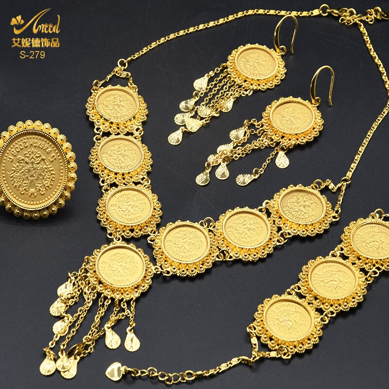 ANIID Dubai Gold Plated Coin Necklace Bracelet Jewelry Sets For Women African Ethiopian Bridal Wedding Luxury Jewellery Gifts