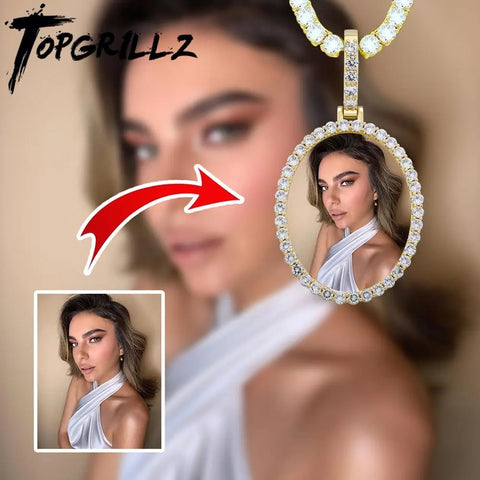 TOPGRILLZ Custom Photo Pendant Oval Medal Pendant Ice Zircon Pendant Necklace Fashion Gift Jewelry Hip Hop For Men Women