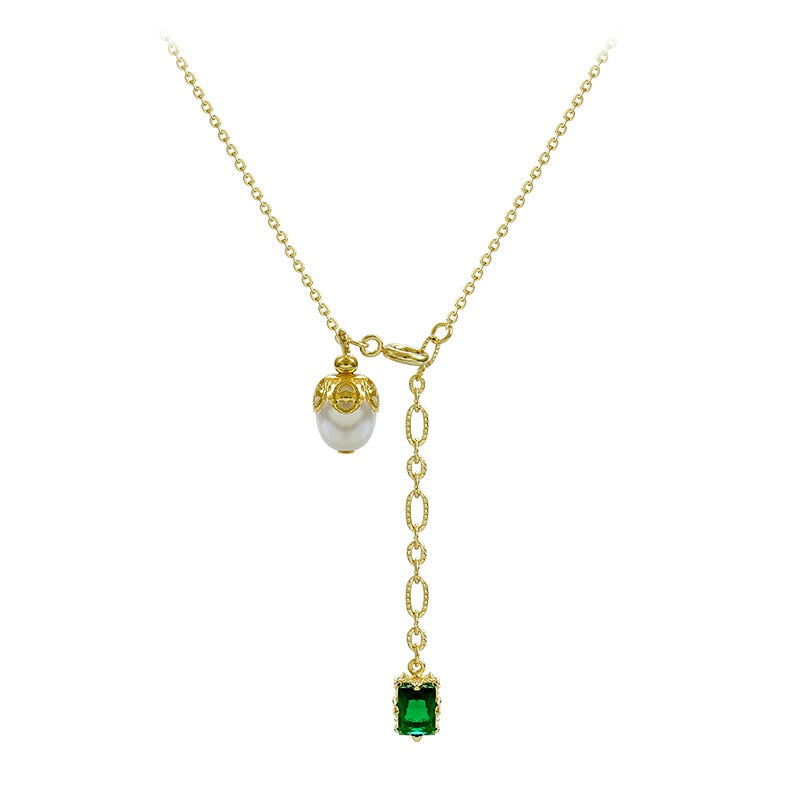 2020 South Korea New Green Pearl Pendant Necklace Delicate Elegant Clavicle Chain Geometric Simple Neck Chain