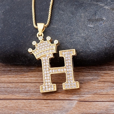 Nidin New Luxury Copper Zircon A-Z Crown Alphabet Pendant Chain Necklace Hip-Hop Style Fashion Woman Man Initial Name Jewelry