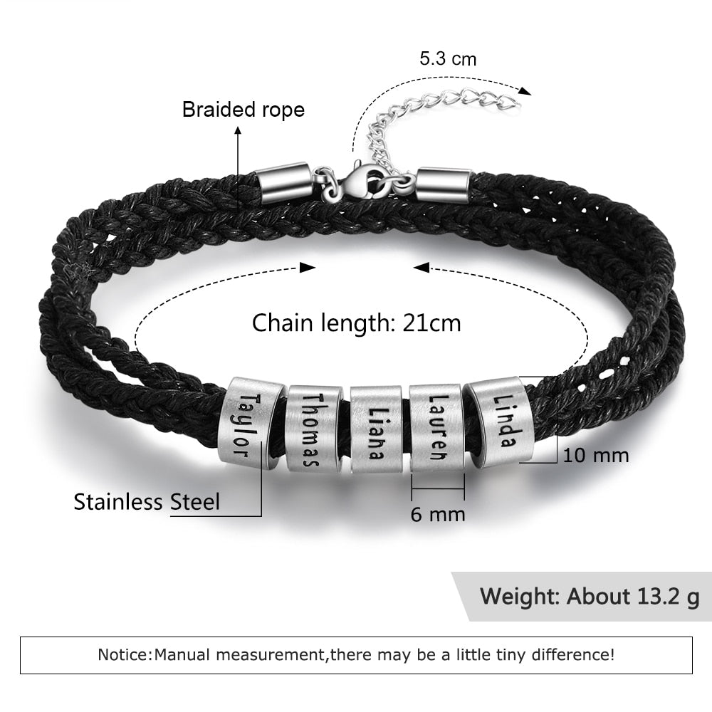 Personalized Stainless Steel Custom Name Beads Bracelet Adjustable Multilayer Braided Rope Men Bracelets Dad Gift