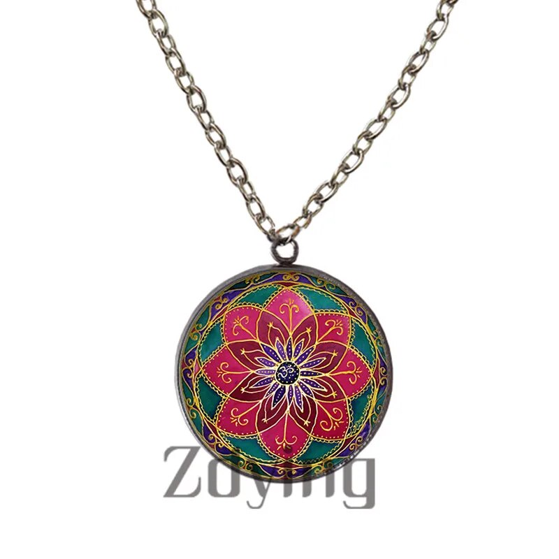 Zdying Mandala Statement Necklace Glass Cabochon Necklaces & Pendants Zen Yoga Pattern Buddhism Chakra Jewellery HM024