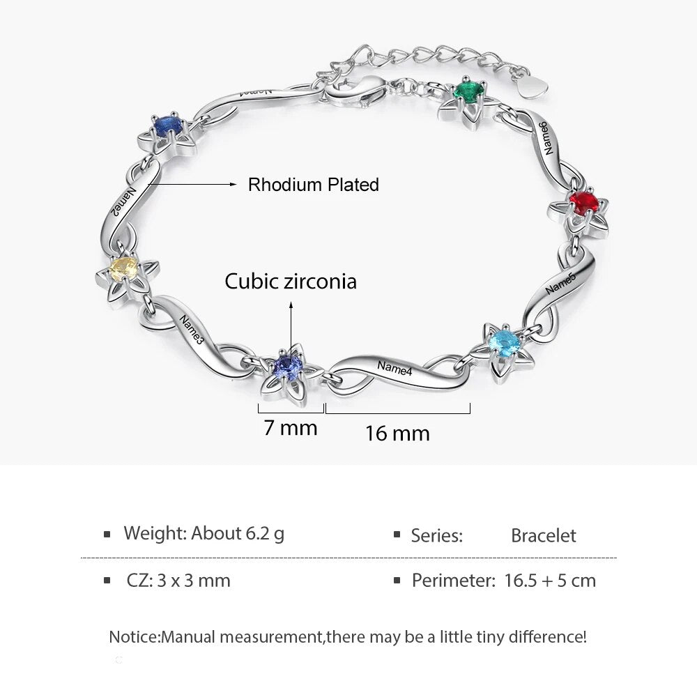 JewelOra Personalized Name Engraving Infinity Bracelet Customized 2-7 Inlaid Birthstone Flower Bracelets for Women Mothers Gifts