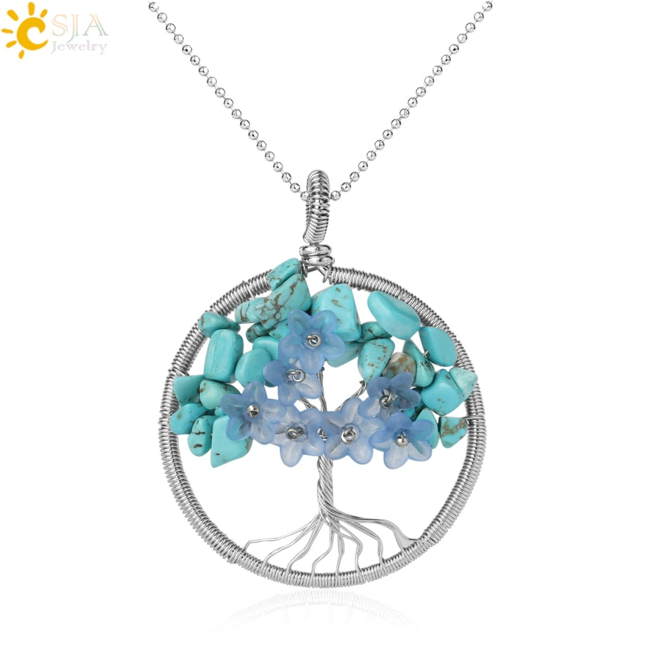 CSJA's Silver-Colored Tree of Life Pendant Necklace with Natural Stone - Wire-Wrapped Quartz Crystal Chip Bead Flower - Reiki Jewelry for Women - Model G306