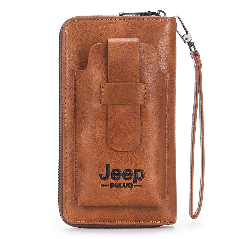 JEEP BULUO Leather Men Clutch Wallet Brand Purse For Phone Double Zipper Luxury Wallet Leather Clutch Bag Large Capacity 