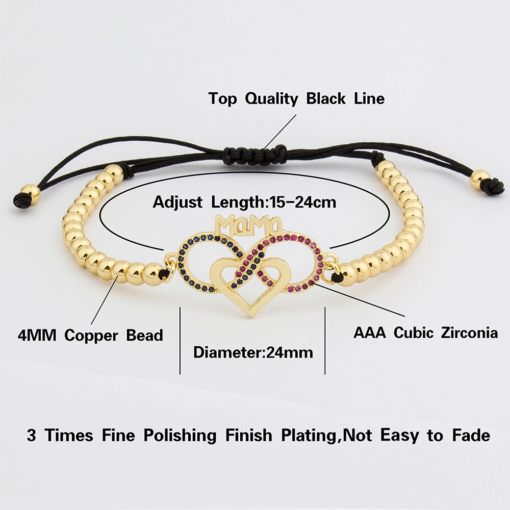 Handmade Bead Bracelet Heart Shape Adjustable Mama Bracelets High Quality Copper Cubic Zirconia Jewelry Gift For Women Mom
