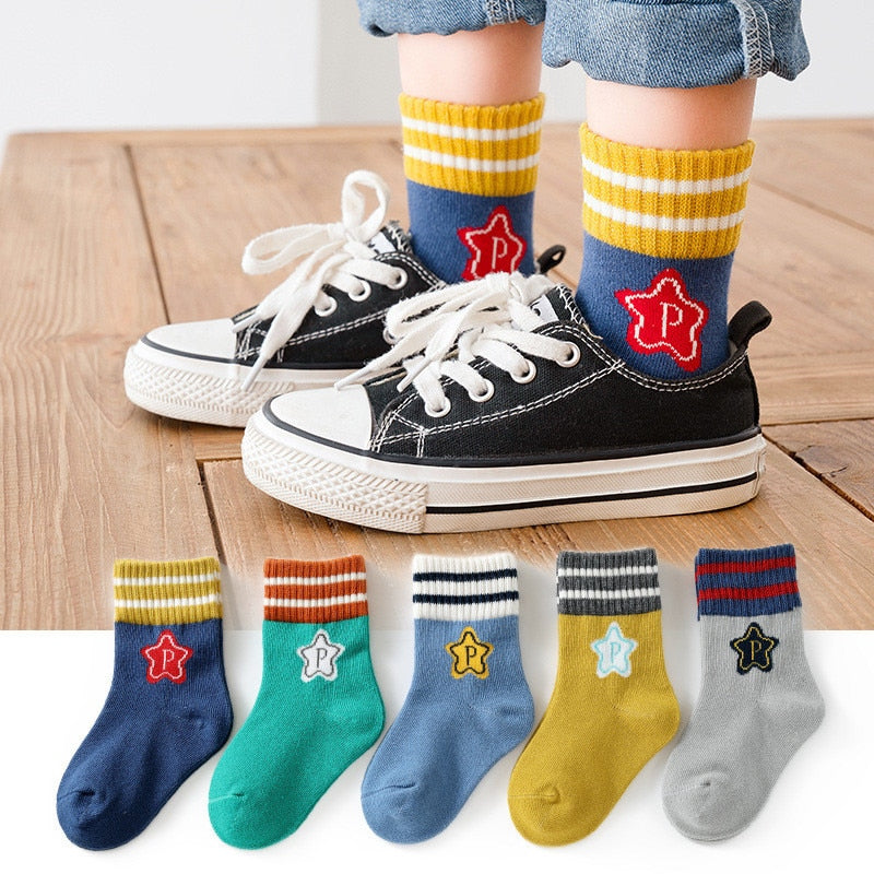 5pairs/lot 1-12 Years Spring Autumn Children Socks Baby Girls Cotton Short Socks Newborn Ribbed Letters Cartoon Girls Boys Socks