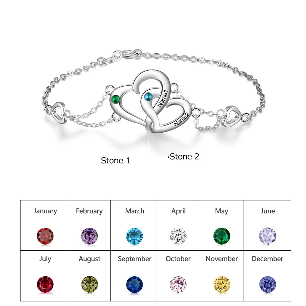 Personalized Intertwined Heart Bracelet with Birthstone Women Engraved Name Bracelets Custom Gift for Lovers(JewelOra BA102562)