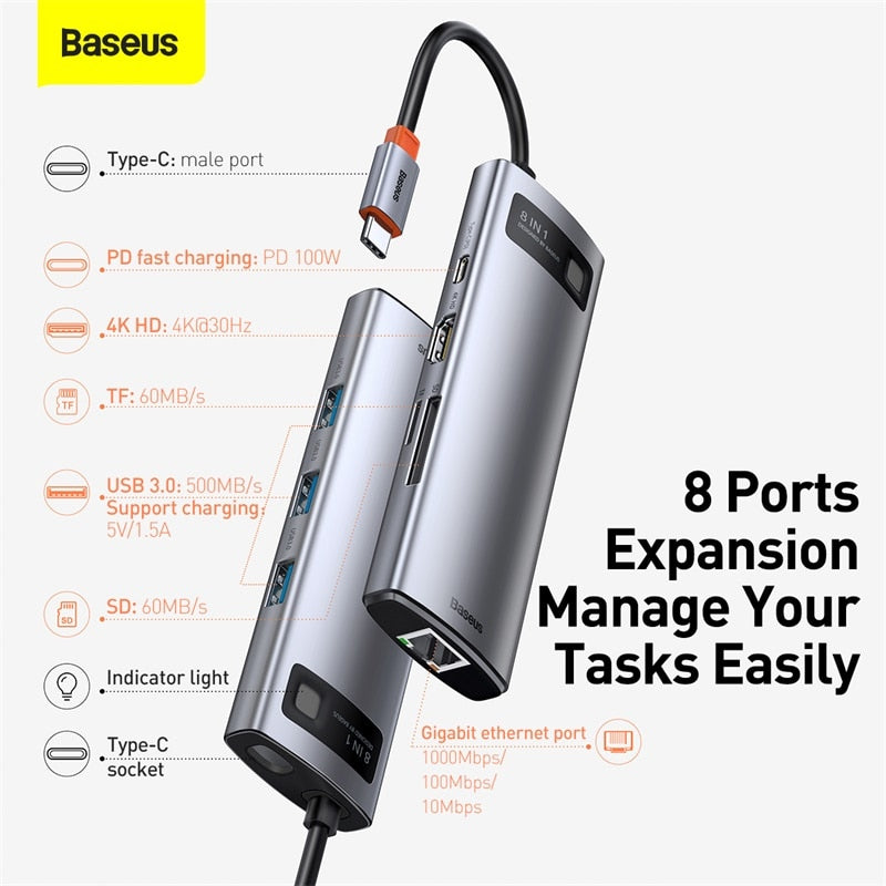 Baseus USB C HUB to HDMI-compatibe Adapter RJ45 Card Reader USB 3.0 PD 100W Type C Docking Station For Macbook Pro Surface iPad