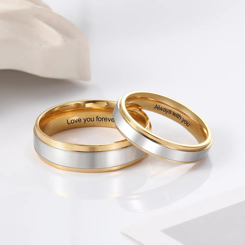 Personalized Jewelry Gold-color Stainless Steel Couple Rings for Women Men Customized Engraving Name Promise Ring for Lovers