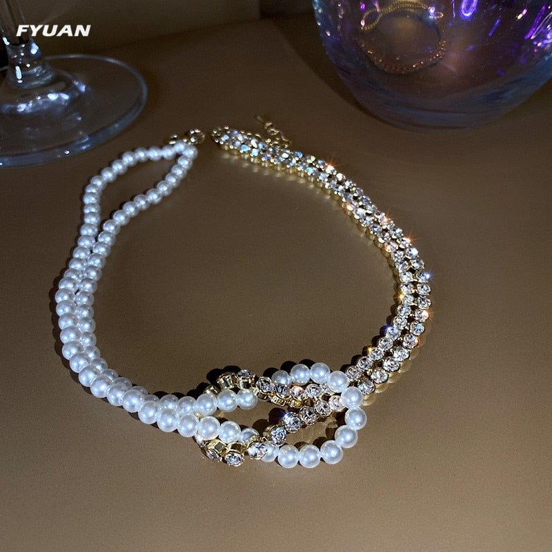 FYUAN Korean Style Pearl Crystal Choker Necklaces for Women Short Chain Rhinestone Necklaces Statement Jewelry