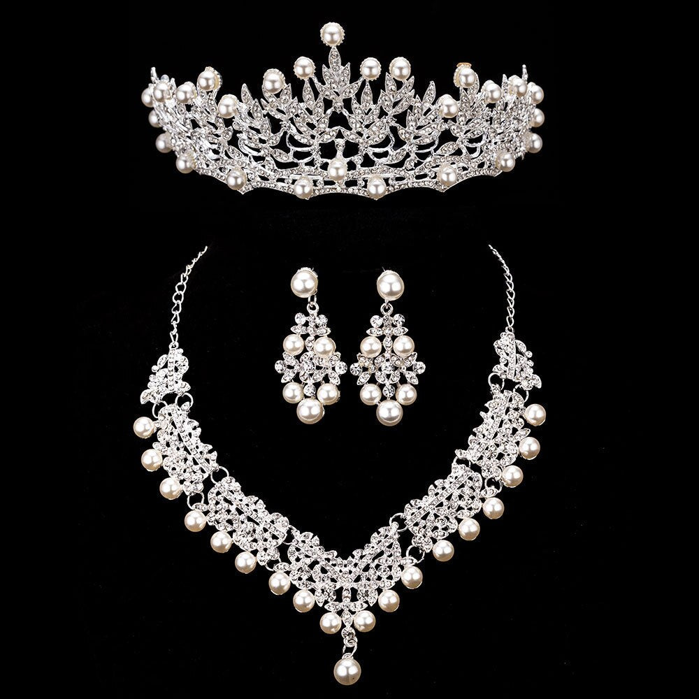 Bride Crystal Pearl Costume jewelery sets New Design Rhinestone Choker Necklace Earrings Tiara Bridal Women Wedding Jewelry Set