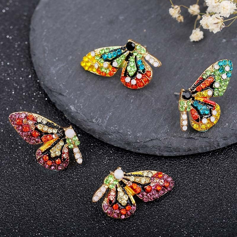 Color Butterfly Wing Earrings 925 Silver Needle Inlaid Rhinestone Personality Earrings Girl Student Fashion Earrings Jewelry