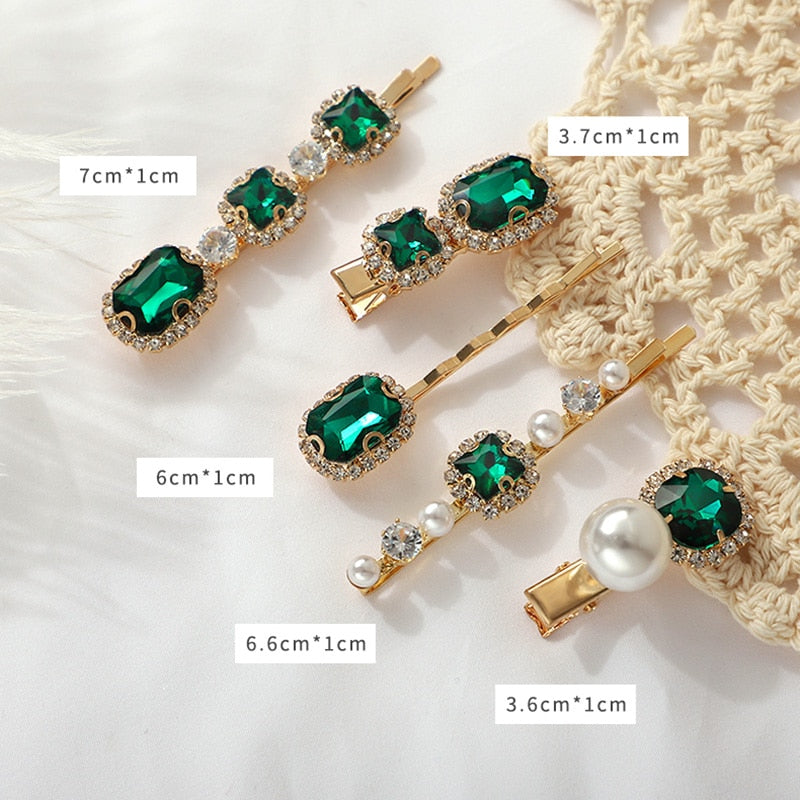 Women Hair Clips Set Jewelry Fashion Green Crystal Hair Accessories Luxury Simulation Pearl Barrette Pin For Girl Gift Ornaments