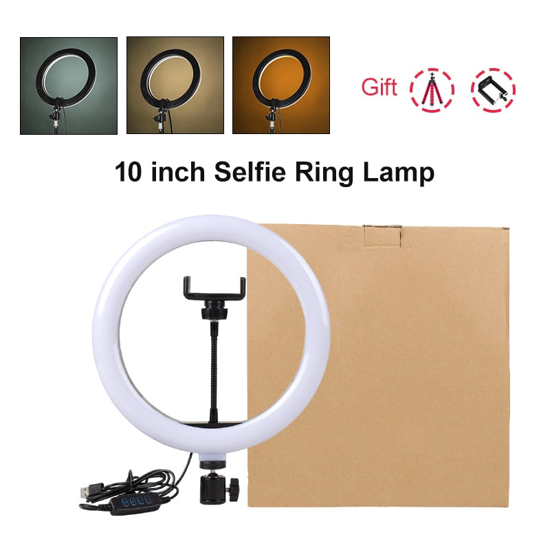 PYNSSEU 26cm LED Circle Round Light with 1.1/1.6/2.0M RGB lamp Stand Dimmable 10" Selfie Circle Round Lamp with Phone Clip for Youtube Makeup