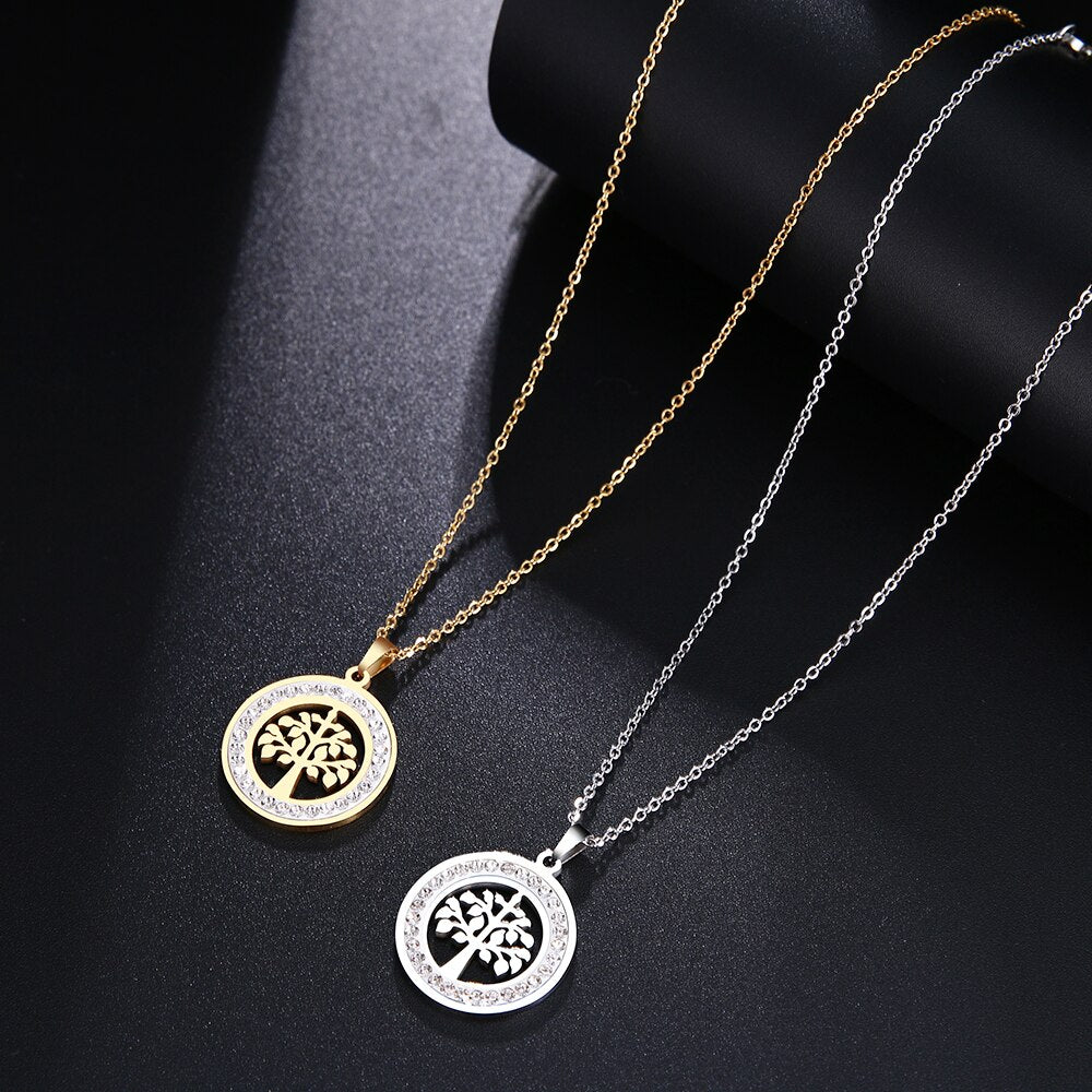 Cacana Stainless Steel Crystal Round Pendants Necklace Women Tree to Life Choker Jewelry Trendy  Necklaces Chain Valentine's Day