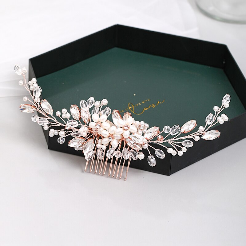 Fashion Rose Gold Wedding Hair Comb Flower Tiara Handmade Pearl Rhinestone Headdress Prom Bridal Hair Jewelr Accessories