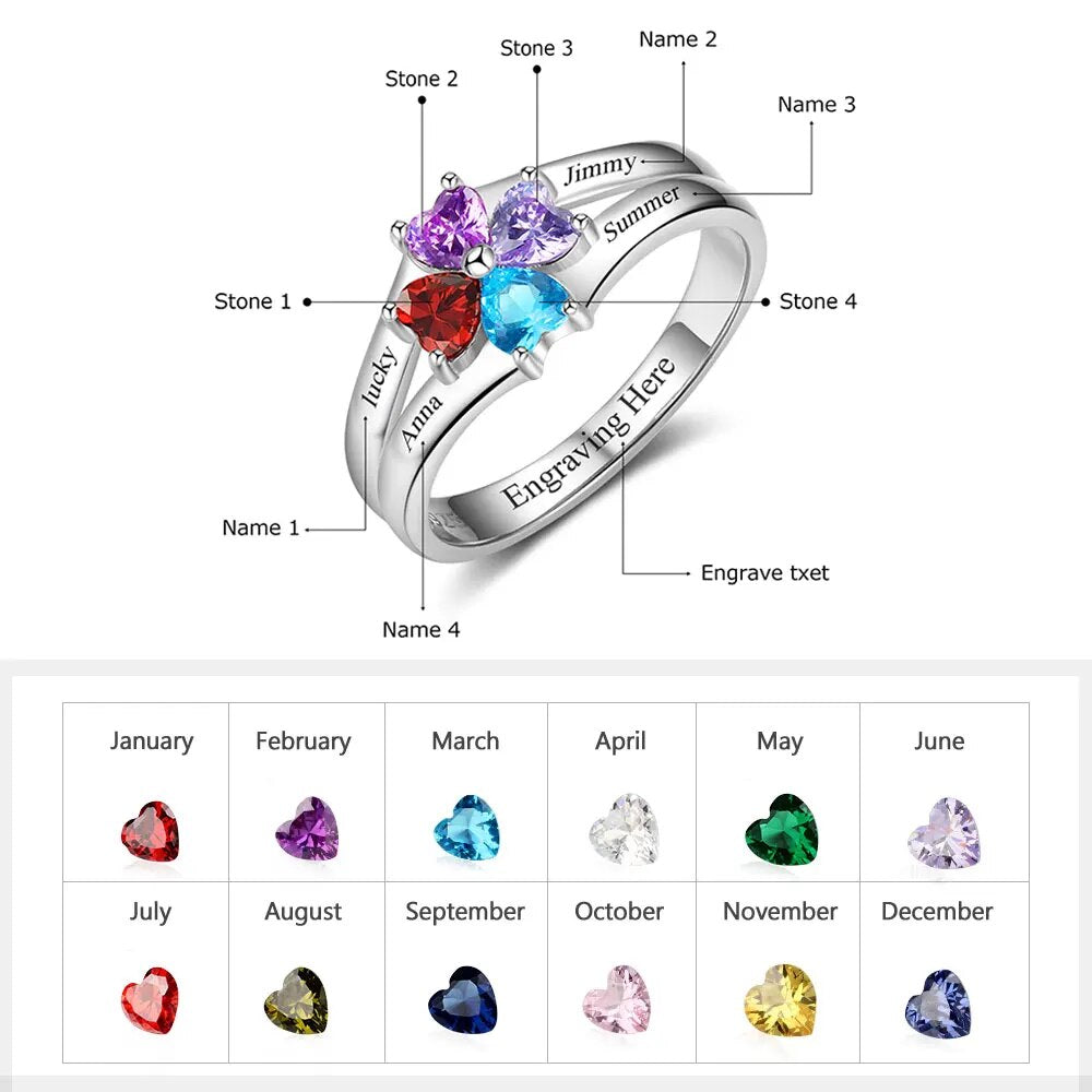 925 Sterling Silver Personalize Mothers Day Ring with 2-8 Birthstone Custom Kids Name Engagement Promise Rings for Women Grandma